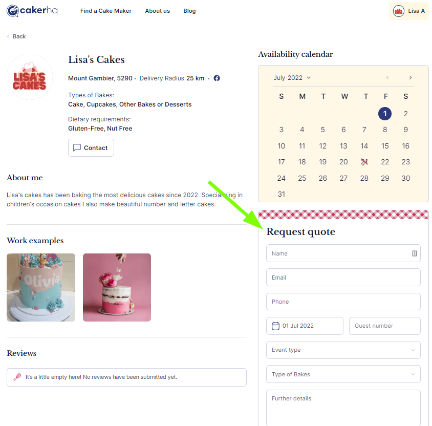 Image of CakerHQ Caker Profile Showing Where Client submits quote request