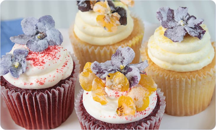 Candied flowers on cupcakes