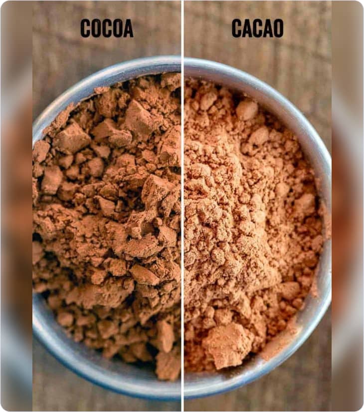 Different textures and colours of cocoa and cacao