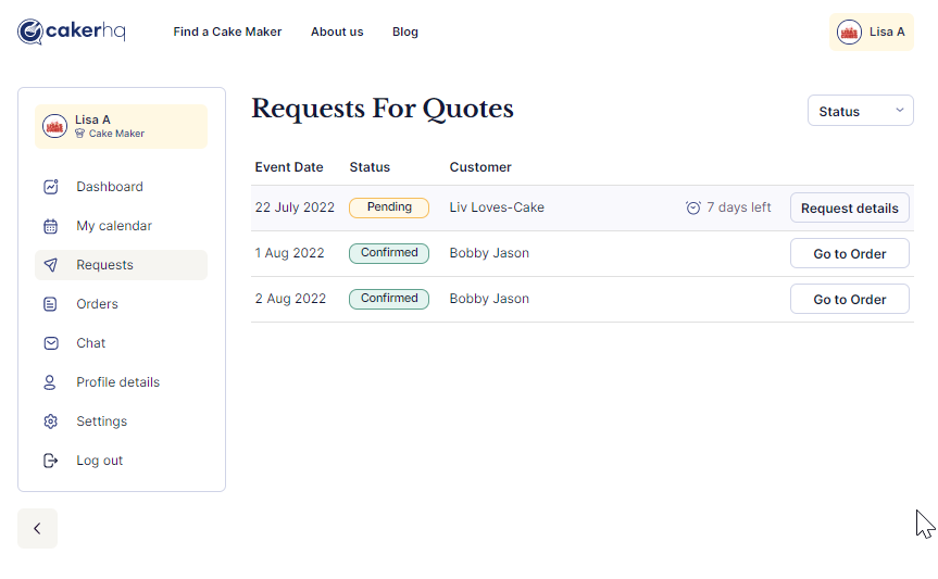 Image of outstanding requests for custom bake quotations in your dashboard