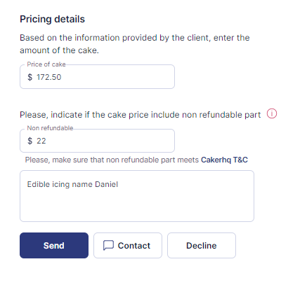 Image of pricing section of CakerHQ custom bake quote