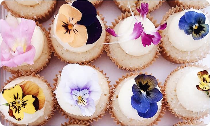 Example of edible flowers on cupcakes