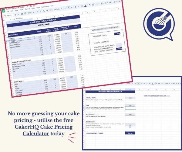 Cake pricing calculator free google sheet download from CakerHQ for baking businesses